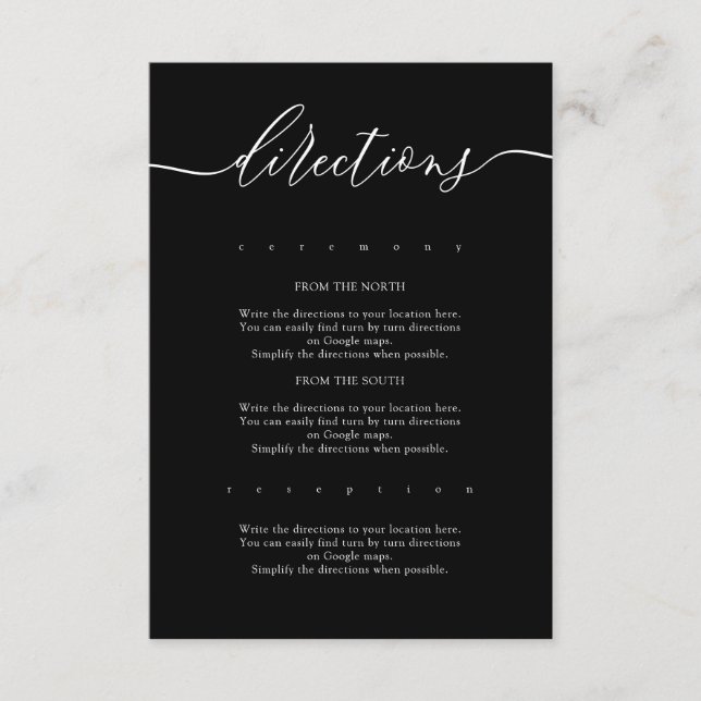 Black Calligraphy Wedding Directions Enclosure Card (Front)