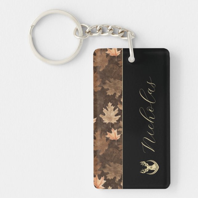 Black, Camo, and Gold Elegant Script Name Key Ring (Front)