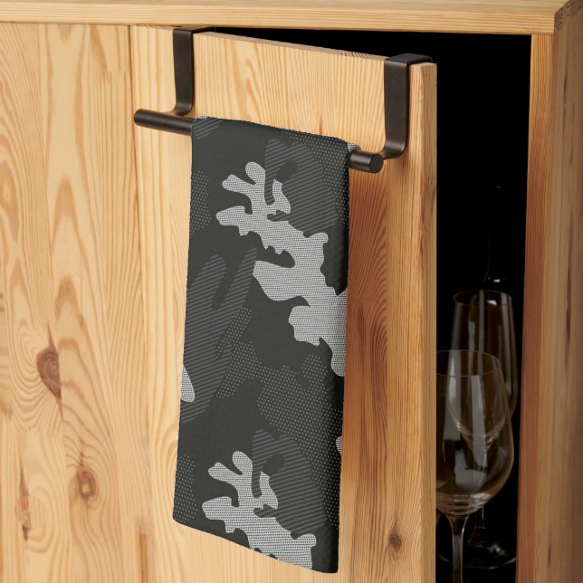 Black Camouflage Pattern Tea Towel (Thirds Fold)