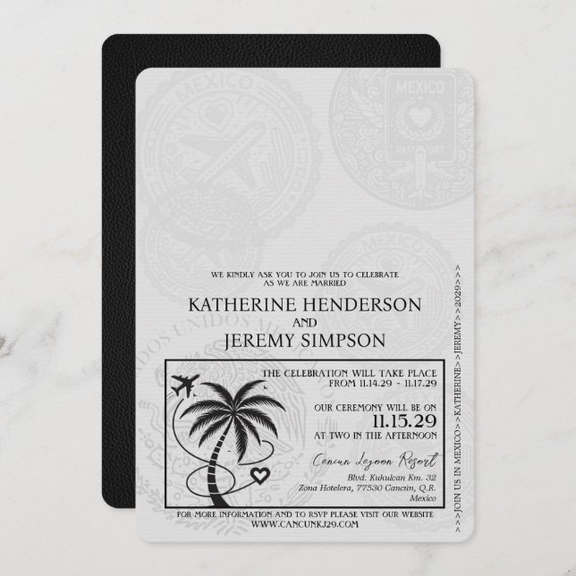 Black Cancun Passport Wedding Invitation (Front/Back)