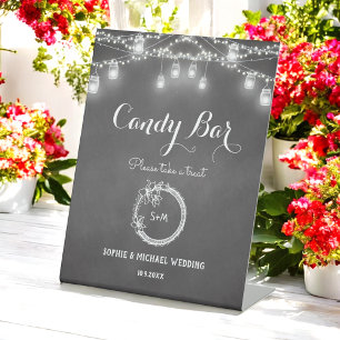 Black Candy Bar Wedding String Lights Pedestal Sign