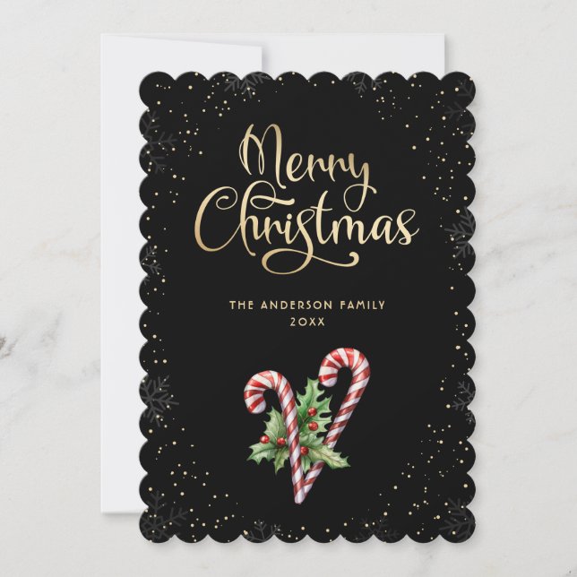 Black Candy Cane Holly Berries Christmas Holiday Card (Front)
