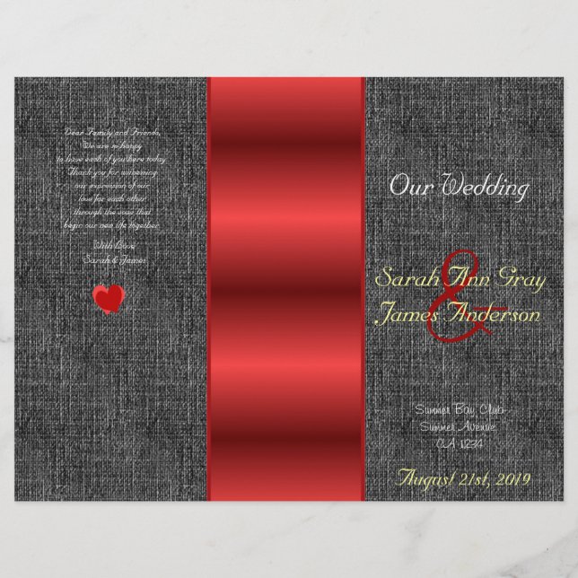 Black canvas and red satin wedding program (Front)