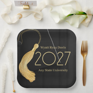Black Cap and Gown with Gold Tassel Paper Plate