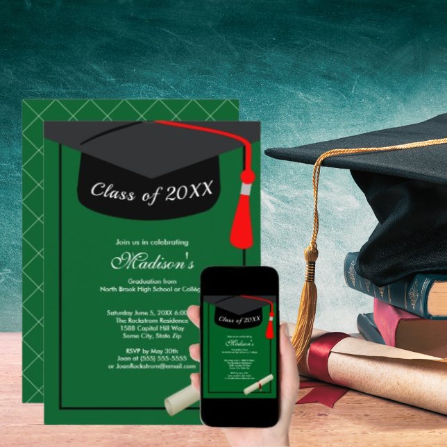 Black Cap Diploma Modern Green Graduation Party Invitation (Black Cap Diploma Modern Green Graduation Party Invitation)