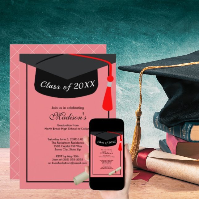 Black Cap Diploma Modern Pink Graduation Party Invitation (Black Cap Diploma Modern Pink Graduation Party Invitation)