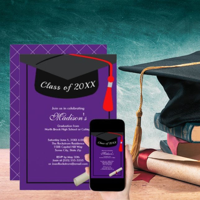 Black Cap Diploma Modern Purple Graduation Party Invitation (Black Cap Diploma Modern Purple Graduation Party Invitation)