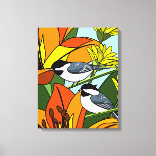Black capped Chickadee and Lily Flowers Canvas Print