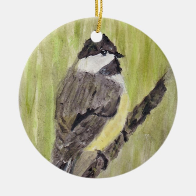 Black-capped Chickadee Bird - acrylic painting. Ceramic Tree Decoration (Front)