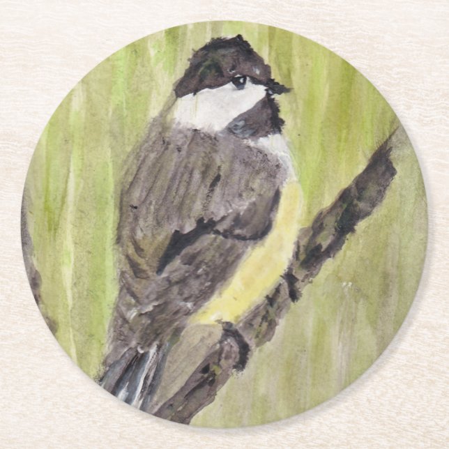 Black-capped Chickadee Bird - acrylic painting.   Round Paper Coaster (Front)