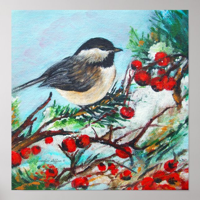 Black Capped Chickadee Bird With Berries Glossy Poster (Front)