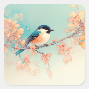 Black-Capped Chickadee in a Peach Blossom Dream Square Sticker