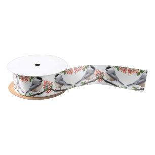 Black Capped Chickadee in Red Berries Ribbon Satin Ribbon