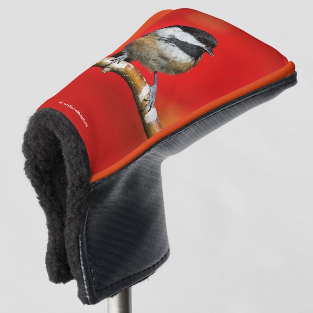 Black-Capped Chickadee on Autumn Red Background Golf Head Cover (3/4 Front)