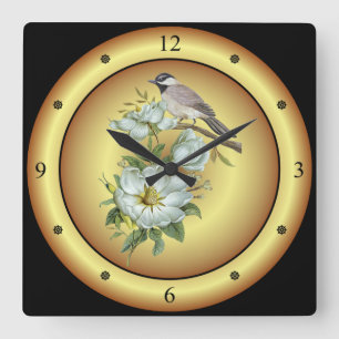 Black Capped Chickadee ~ White Magnolia Flower ~   Square Wall Clock