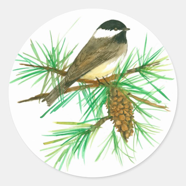 Black Capped Chickadee White Pine Cone Tassel Classic Round Sticker (Front)