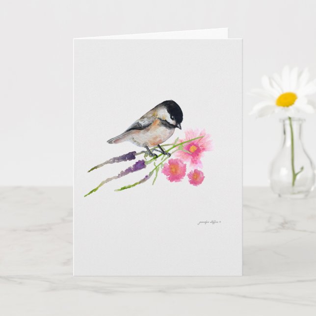 Black Capped Sweet Chickadee Watercolor Artwork Card (Small Plant)