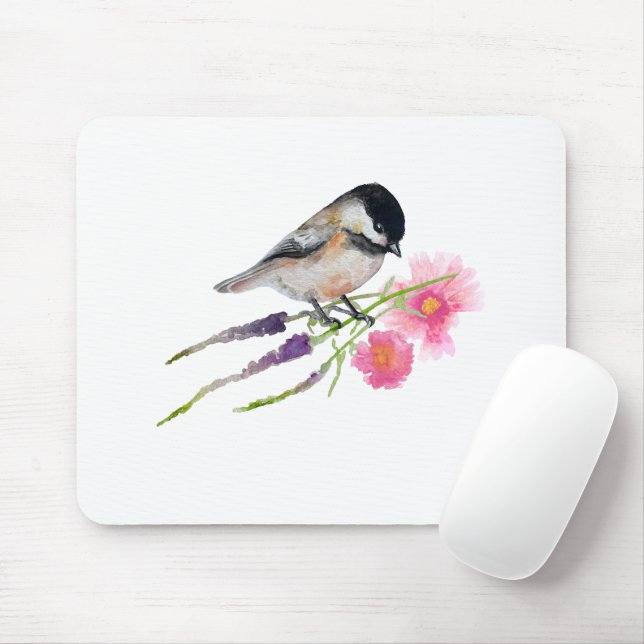 Black Capped Sweet Chickadee Watercolor Artwork Mouse Pad (With Mouse)