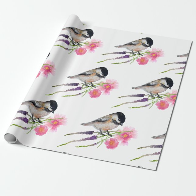 Black Capped Sweet Cute Chickadee Watercolor Art Wrapping Paper (Unrolled)
