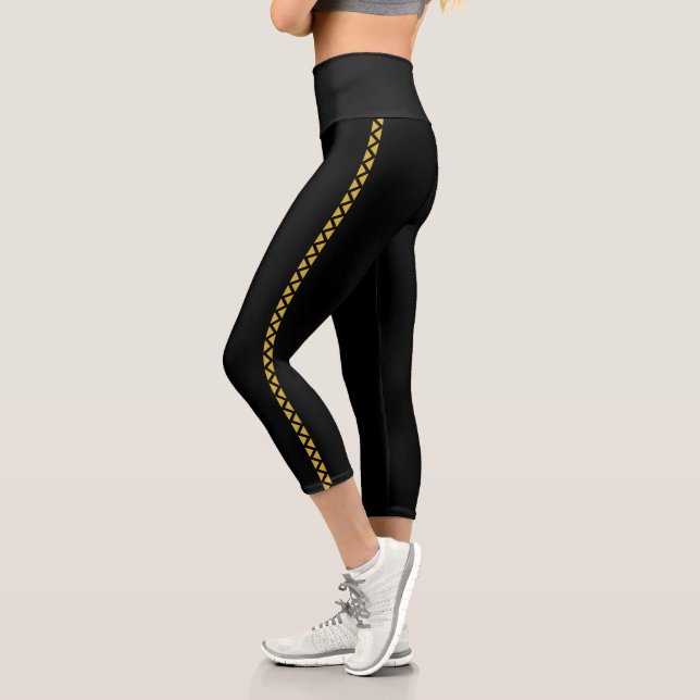 Black Capri Leggings with Bold Gold Side Stripe (Left)
