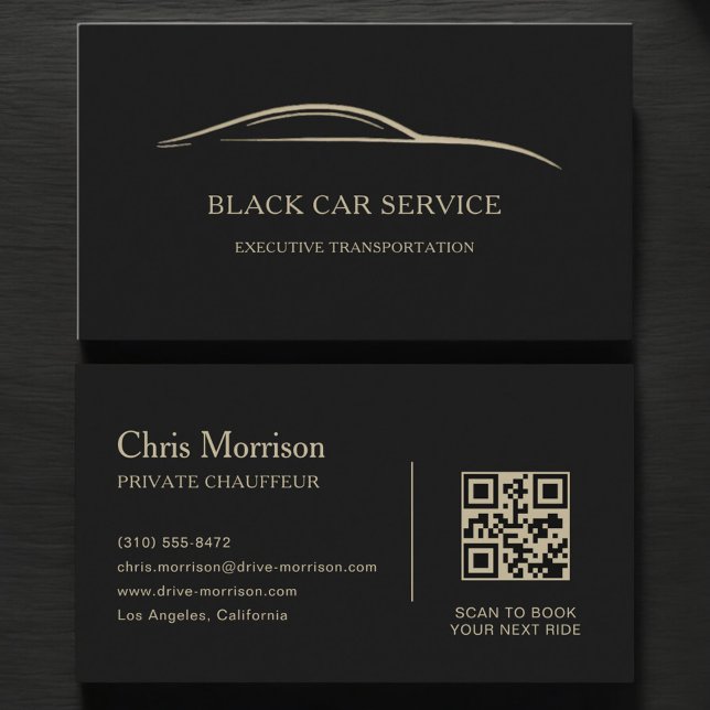 Black Car Service QR Code Black & Gold Business Card (Creator Uploaded)