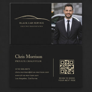 Black Car Service QR Code Photo Black & Gold Business Card
