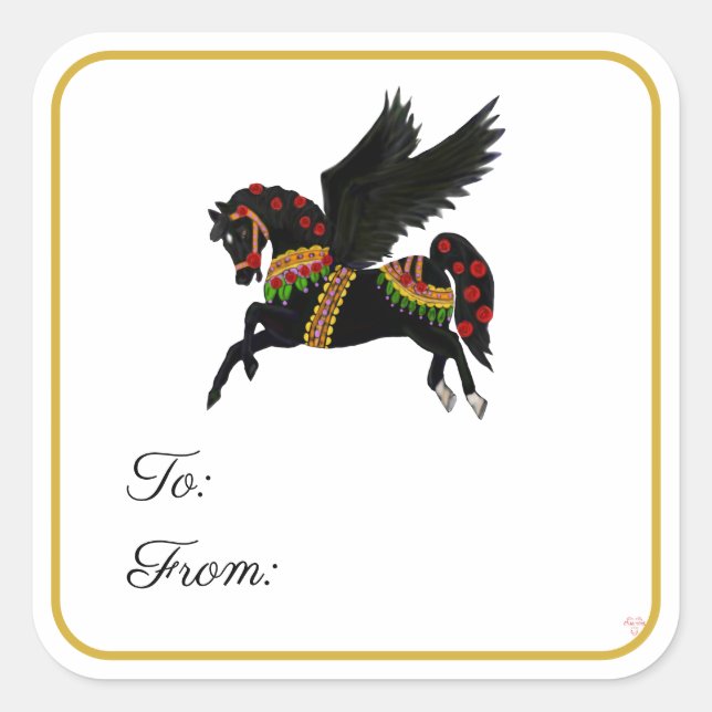 Black Carousel Pegasus Gift Label Sticker (Front)