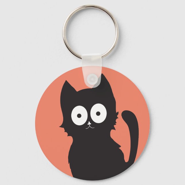 Black Cartoon Cat on Red Backdrop Key Ring (Front)