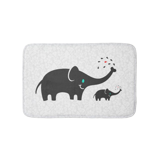 Black Cartoon Elephants White Damasks Background Bath Mat (Front)