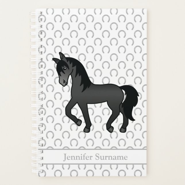 Black Cartoon Trotting Horse & Custom Text Planner (Front)