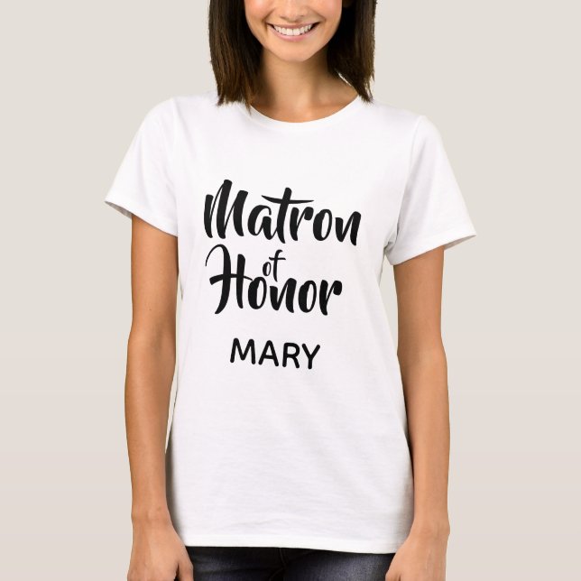 Black Casual Script Matron of Honour Monogram Favo T-Shirt (Front)