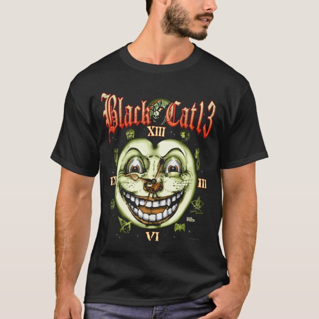 Black Cat 13 Clock Halloween T-Shirt (Front)