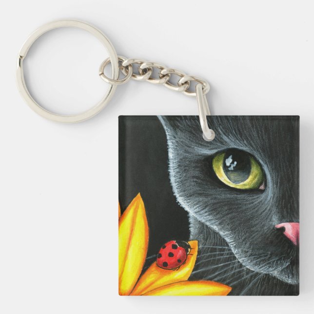 Black Cat 510 ladybug yellow flower Key Ring (Front)