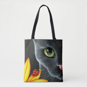 Black Cat 510 ladybug yellow flower Tote Bag