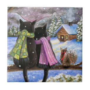 Black Cat 585 winter snow Squirrel Tile