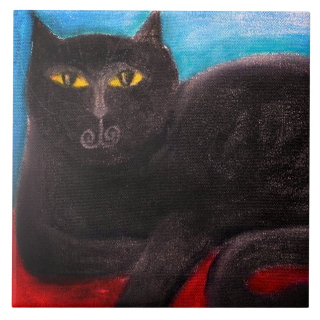 Black Cat Abstract Pastel Painting Tile (Front)