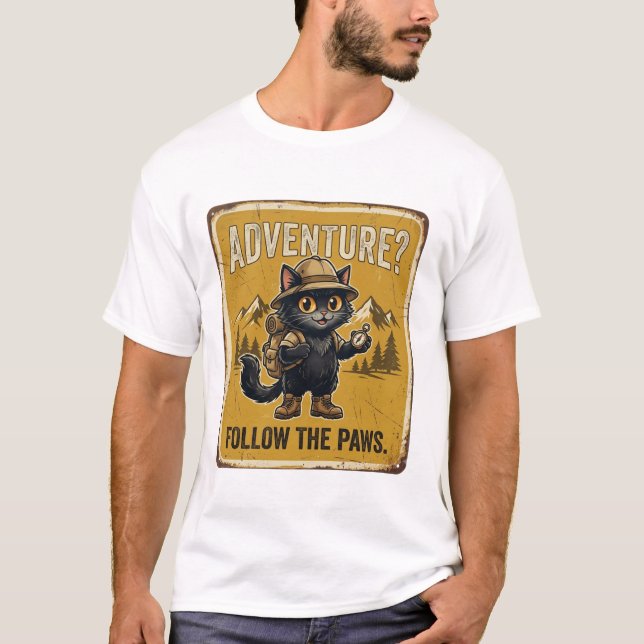 Black Cat Adventure Explorer Design T-Shirt (Front)