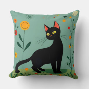 Black Cat Amid Vibrant Flowers Cushion