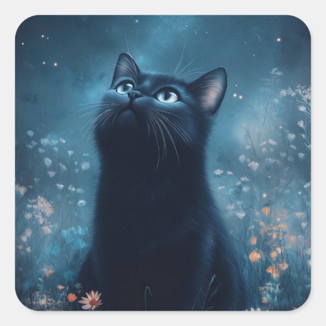 Black Cat Amidst Moonlit Wildflowers Square Sticker (Front)