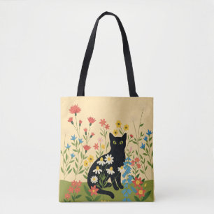 Black Cat Among Colourful Wildflowers – Cottagecor Tote Bag