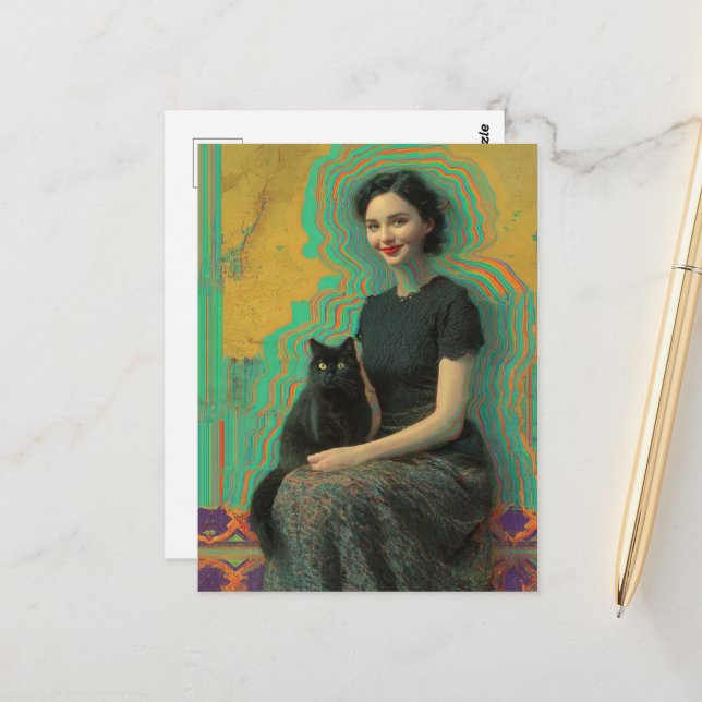 Black Cat and a Lady Glitch Postcard (Front/Back In Situ)