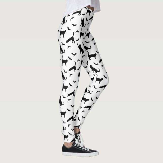 Black Cat And Bat Shapes Cute Halloween Pattern Leggings (Right)