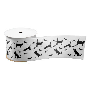 Black Cat And Bat Silhouettes On White Halloween Satin Ribbon