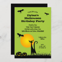 Black Cat and Bats Halloween Invitations