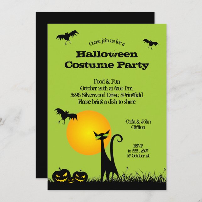 Black Cat and Bats Halloween Party Invitations (Front/Back)
