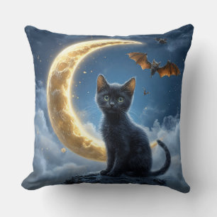 Black Cat and Bats Under a Crescent Moon Cushion
