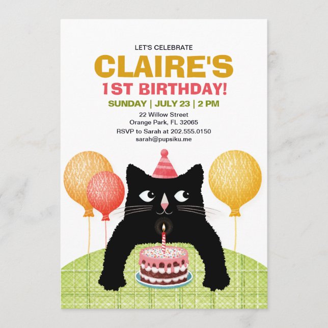 Black cat and birthday cake. invitation (Front)