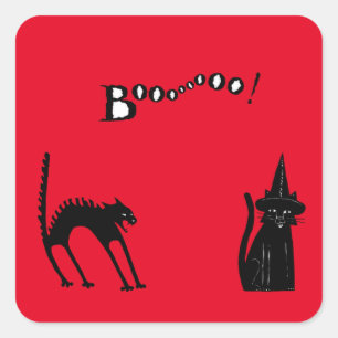 BLACK CAT AND BOO HALLOWEEN SQUARE STICKER