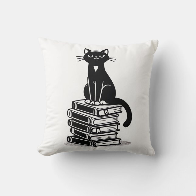  Black Cat and Books – Minimalist Design Cushion (Front)