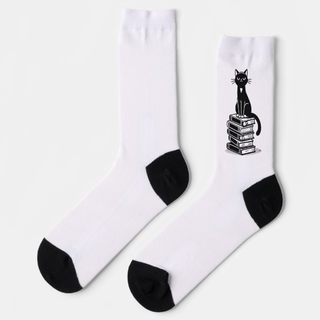 Black Cat and Books – Minimalist Design Socks (Left)